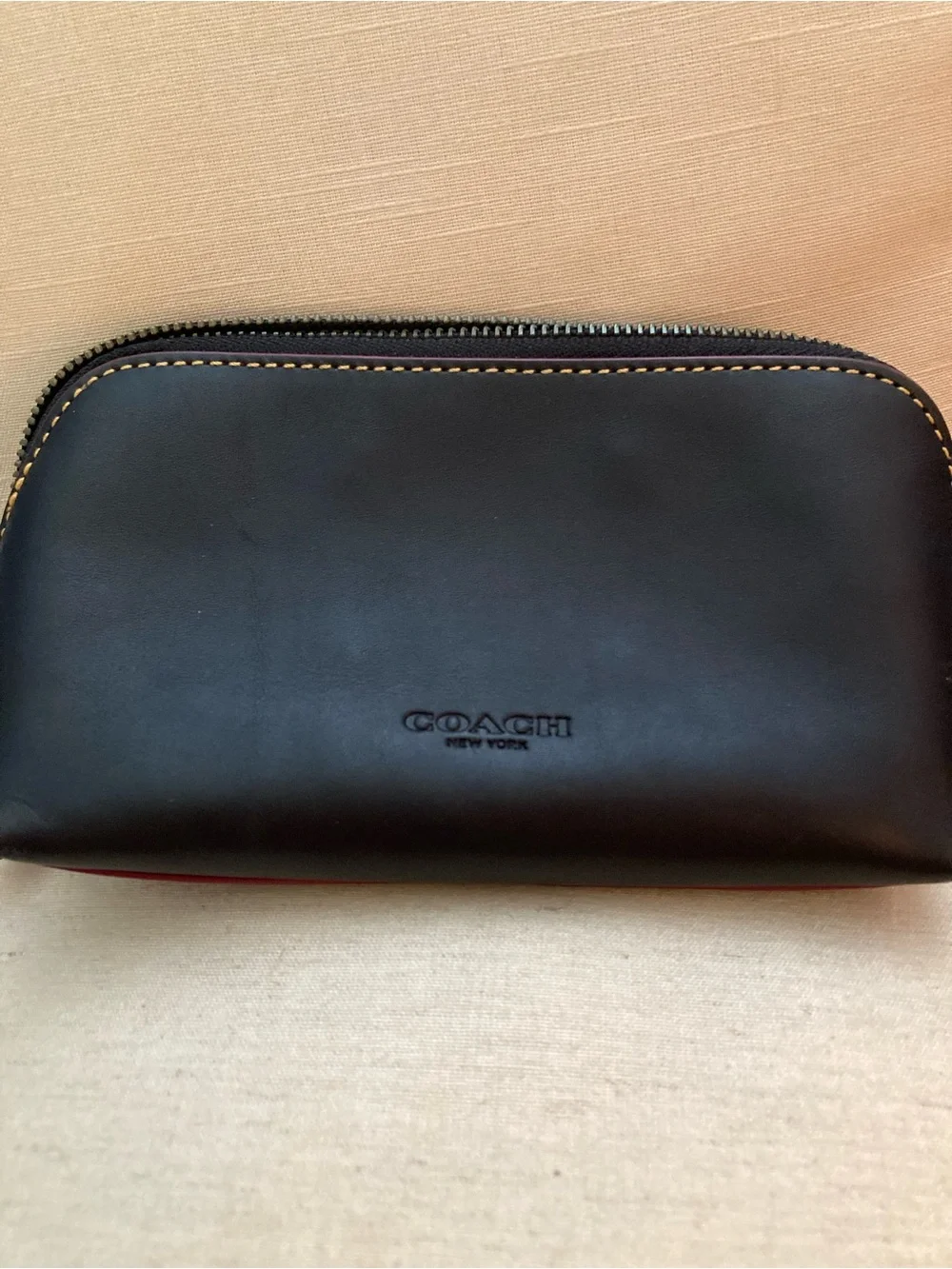 Coach Black Leather Mickey Mouse Cosmetic Pouch with Red Accent